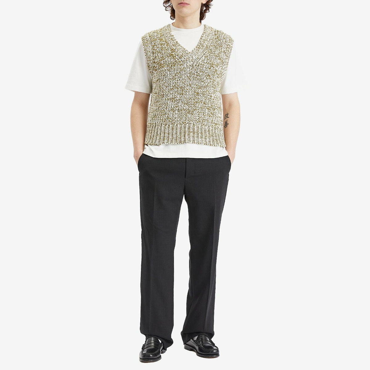 AMI Paris Men's Sleeveless V Neck Sweater in White Cream/Lichen