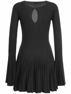BLUMARINE - Pleated Wool Knit Long Sleeve Mini Dress