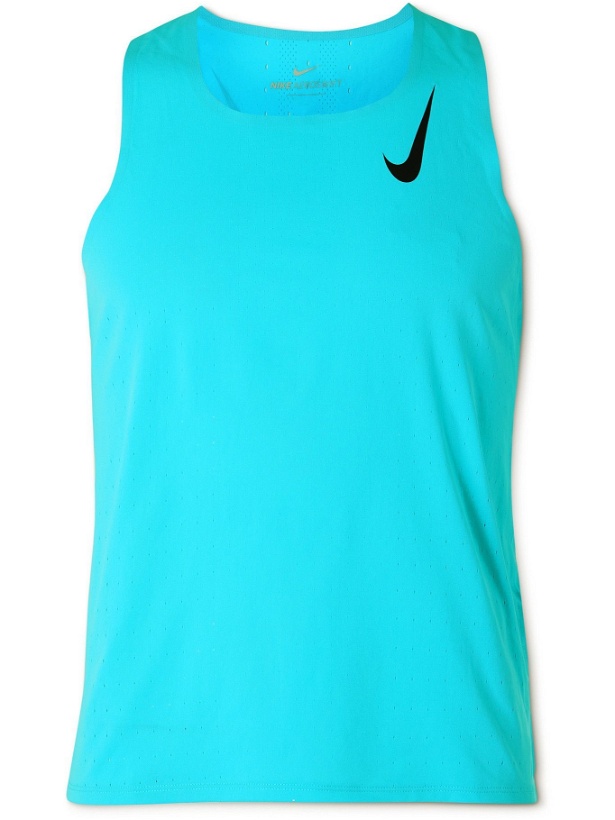 Photo: NIKE RUNNING - Logo-Print Perforated Recycled AeroSwift Tank Top - Blue