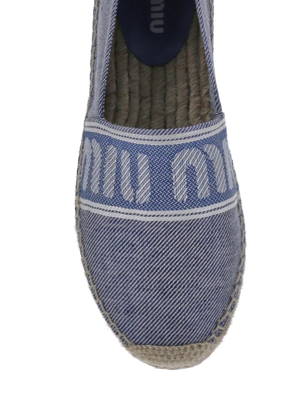 送料/関税込【MIUMIU】JACQUARD DENIM ESPADRILLE Logo jacquard denim espadrilles in blue - Miu Miu | Mytheresa