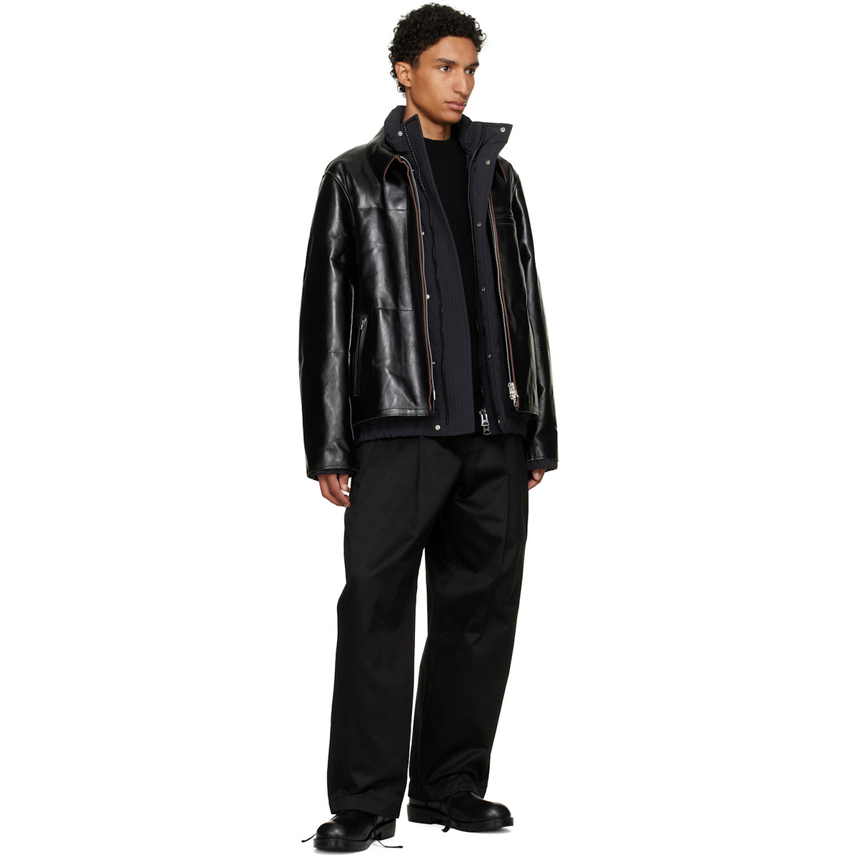 sacai Black Down Leather Blouson Jacket