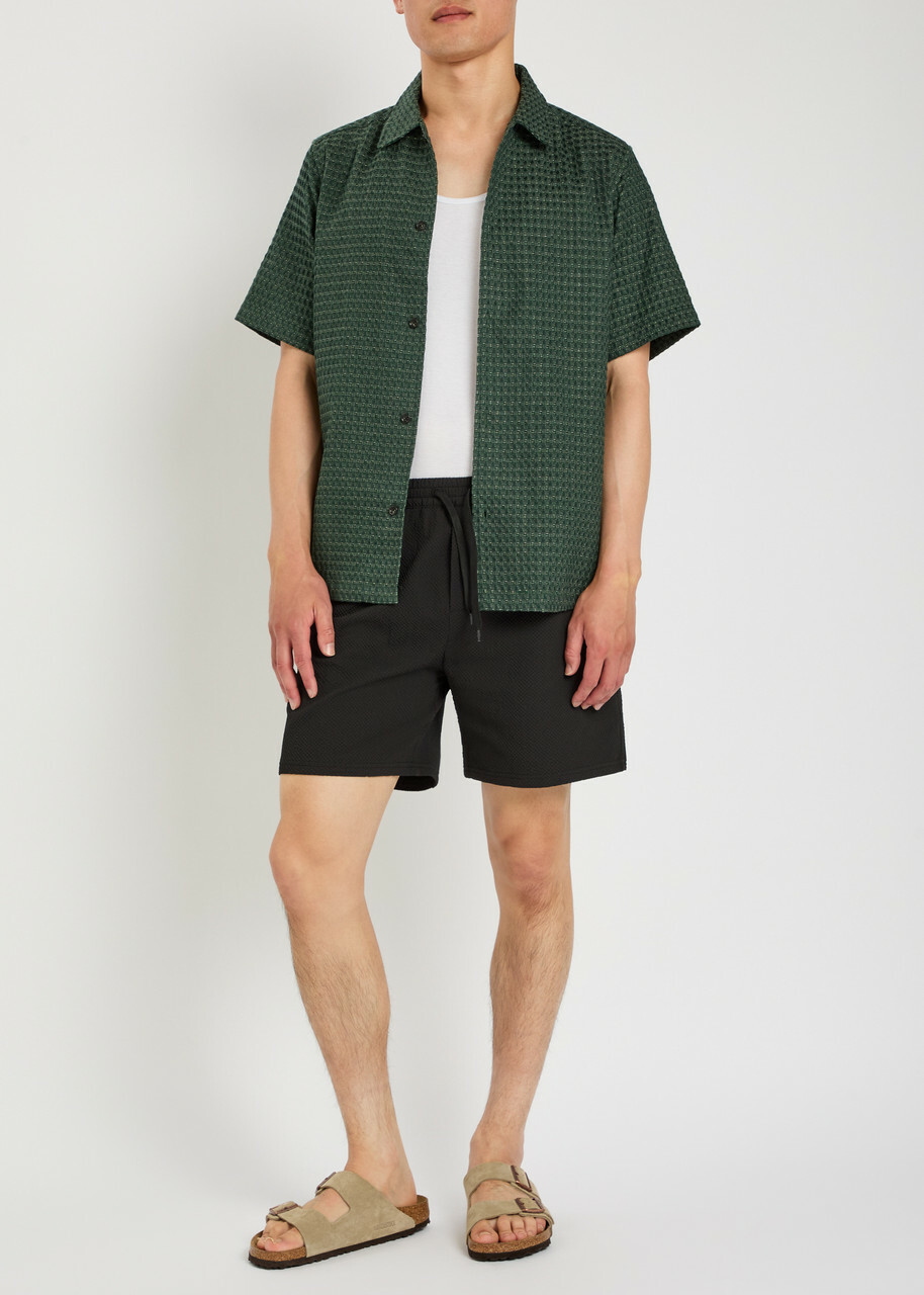 Les Deux Logo-embroidered Seersucker Swim Shorts Black