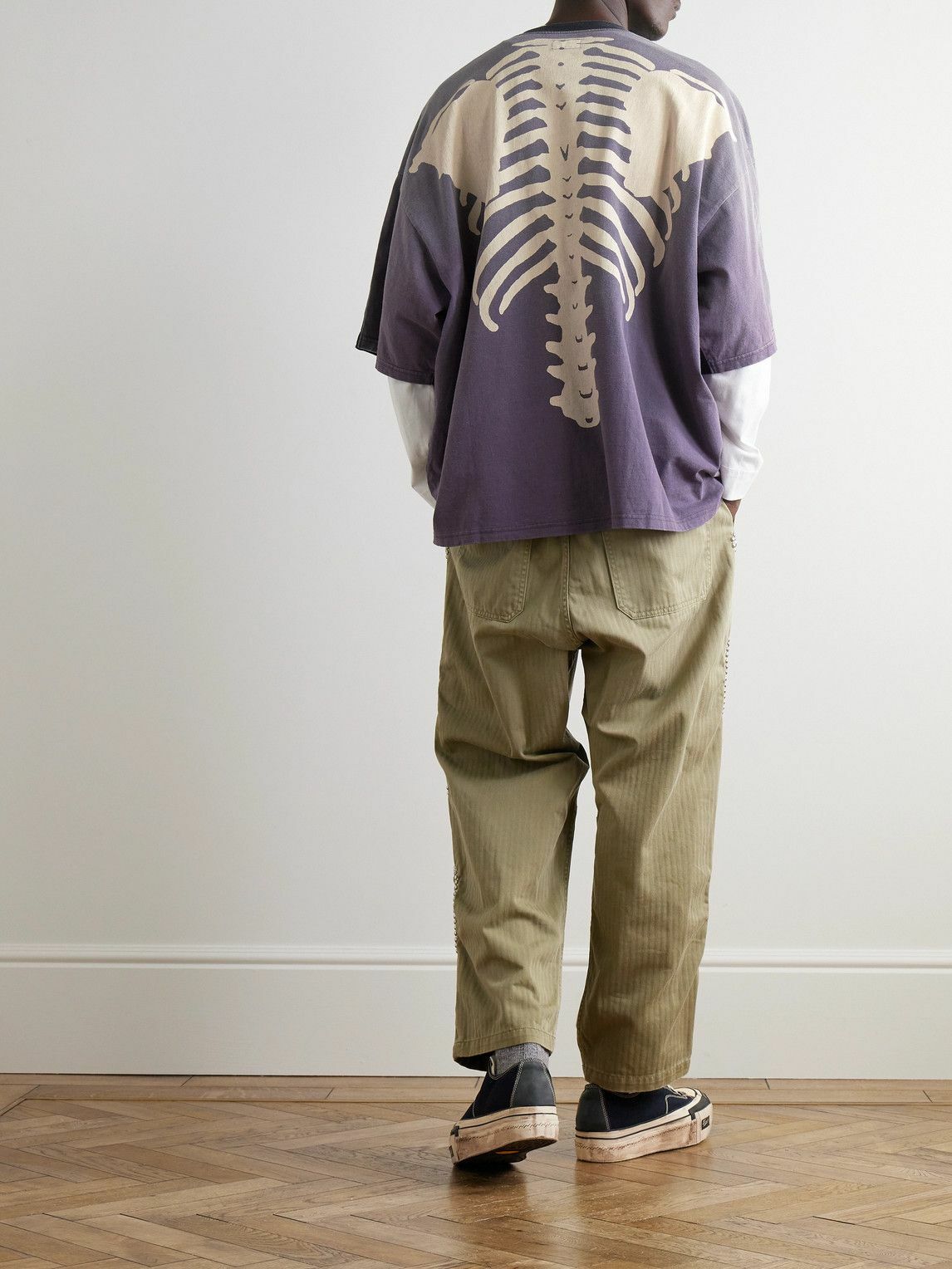 KAPITAL - Distressed Printed Two-Tone Cotton-Jersey T-Shirt