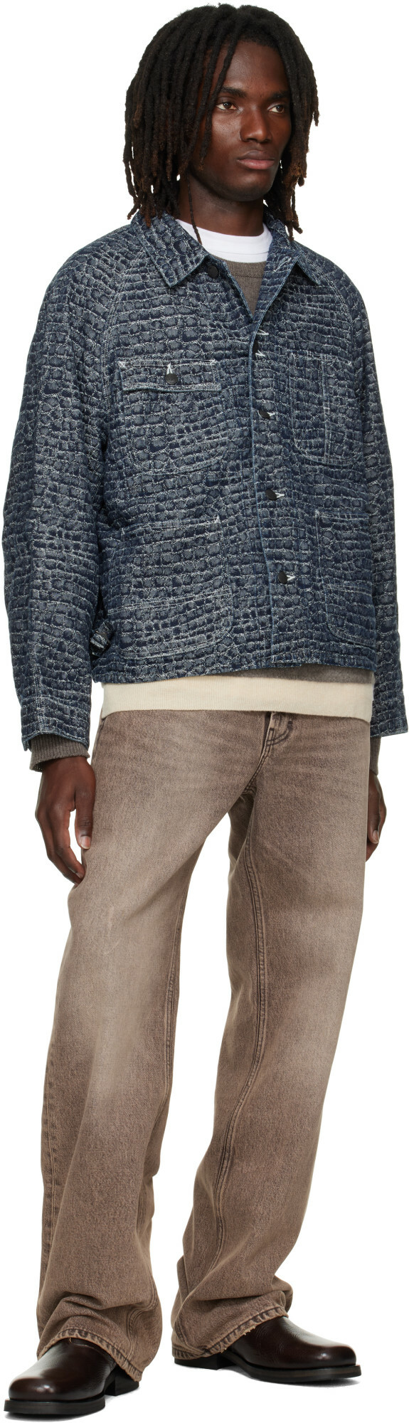 NEEDLES Navy Crocodile Jacquard Short Denim Jacket