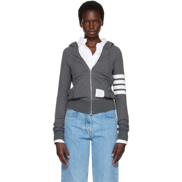 Photo: Thom Browne Gray Classic Loopback 4-Bar Zip Hoodie
