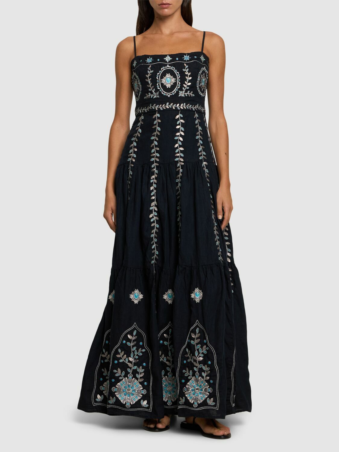AGUA BY AGUA BENDITA Lima Embroidered Linen Long Dress Agua by Agua Bendita