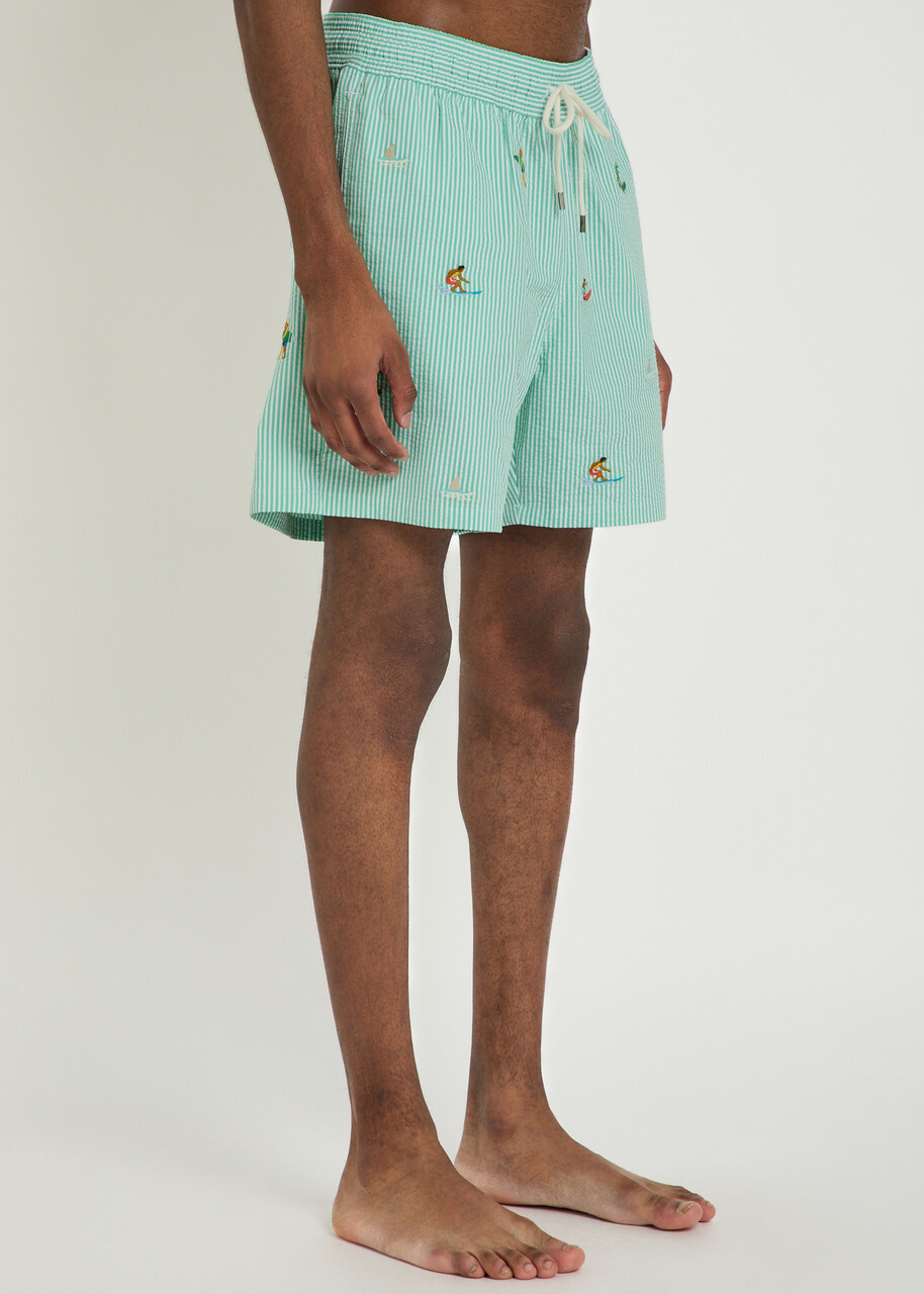 Polo Ralph Lauren Striped Embroidered Seersucker Swim Shorts Green
