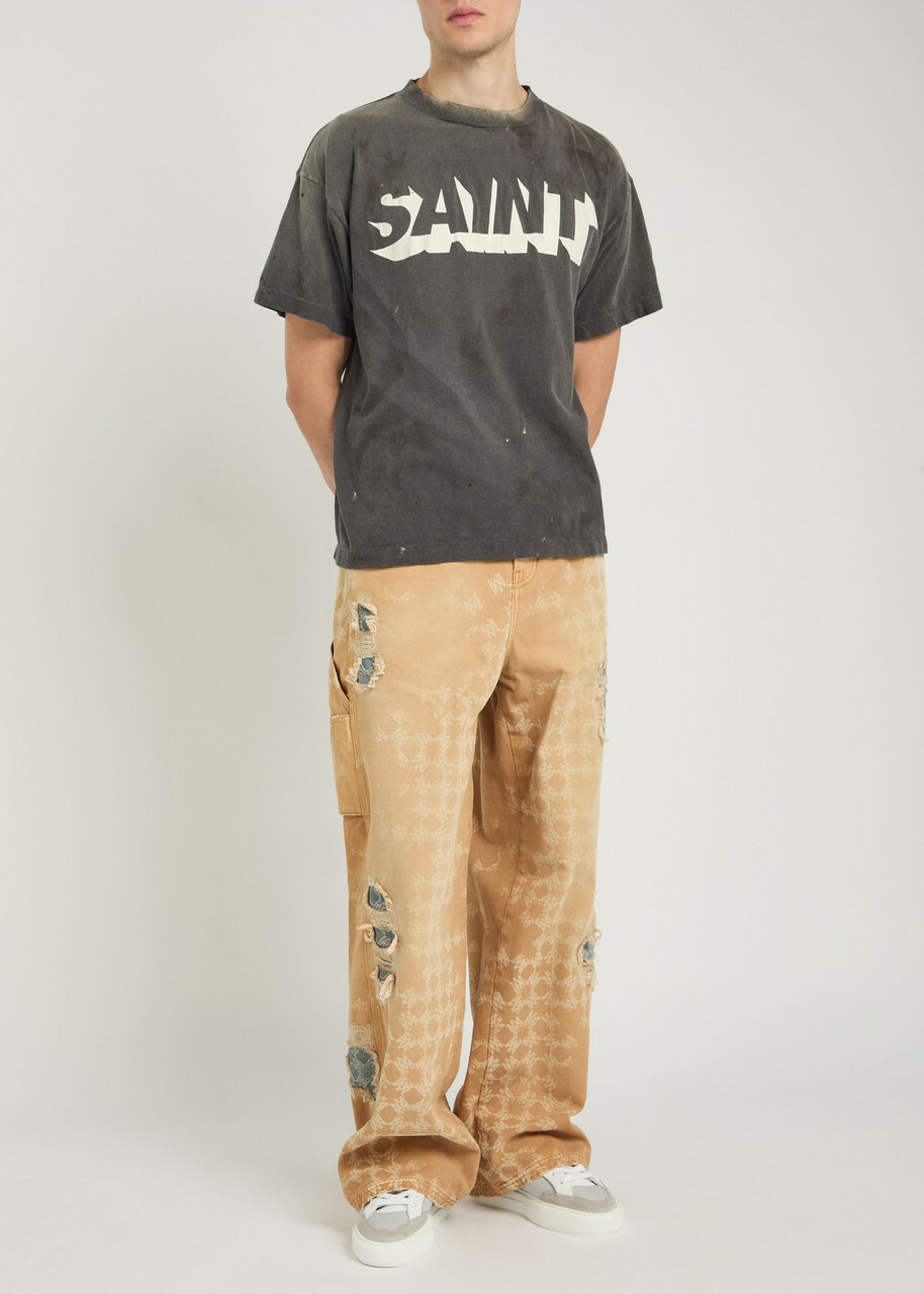 Saint Mxxxxxx Alpha Logo-print Distressed Cotton T-shirt Black