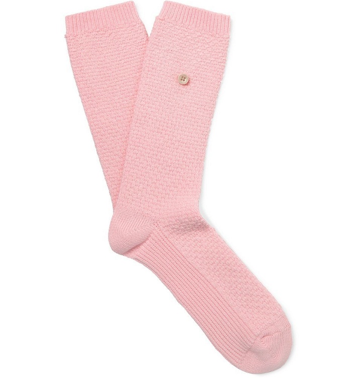 Photo: Folk - Leather-Trimmed Waffle-Knit Stretch Cotton-Blend Socks - Men - Pink