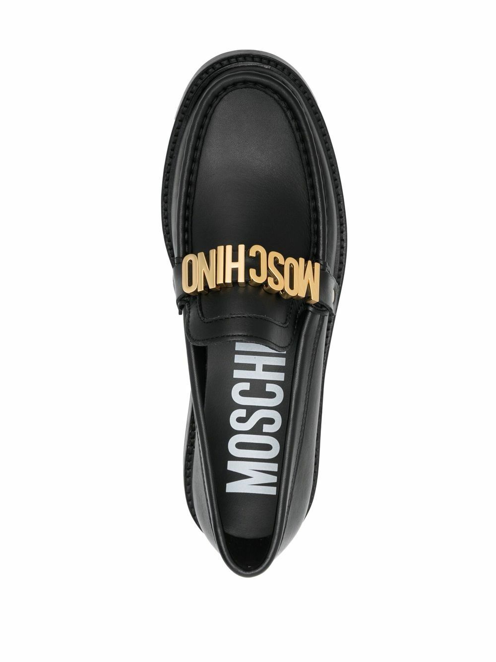 【関税込み】Moschino ブラック Belted Up ローファー Moschino Leather Loafers with Gold Logo | RUSE