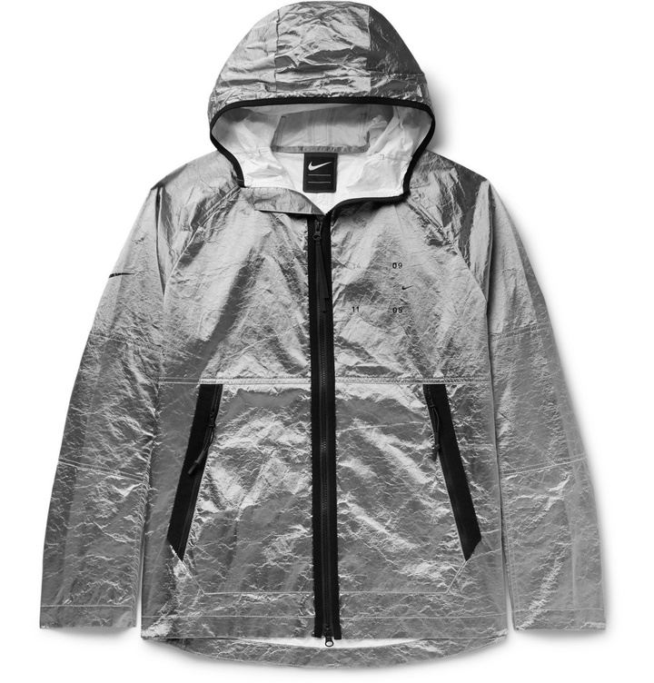 Photo: Nike - Sportswear Tech Pack Grosgrain-Trimmed Logo-Print Metallic Crinkled-Nylon Hooded Jacket - Gray