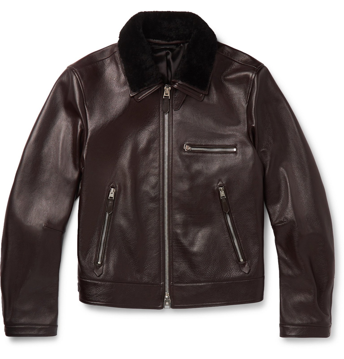TOM FORD - Slim-Fit Shearling-Trimmed Full-Grain Leather Jacket - Brown ...