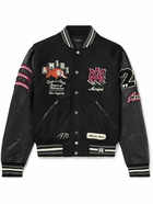 AMIRI - Appliquéd Embroidered Wool-Blend Twill and Leather Varsity Jacket - Black