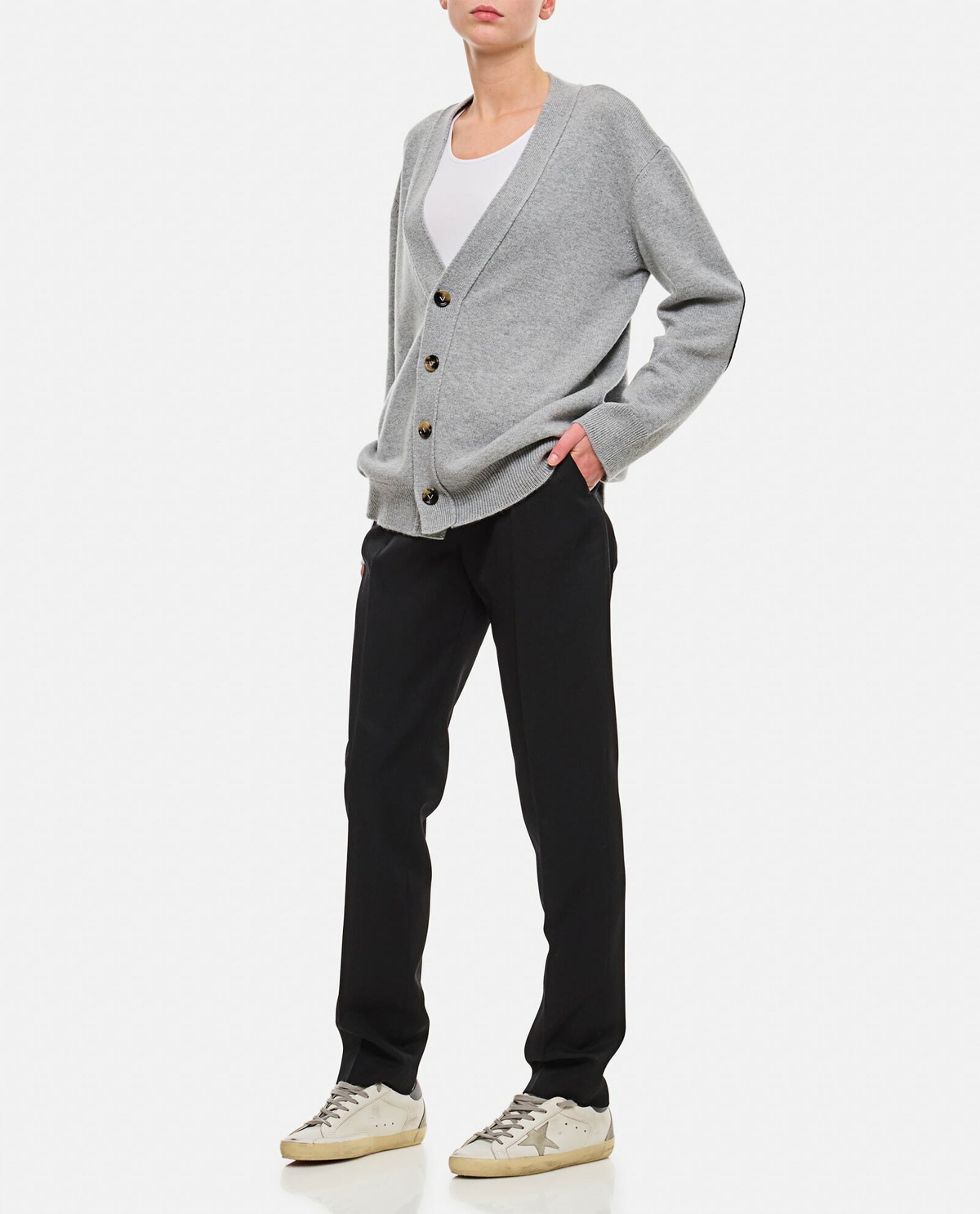 BOTTEGA VENETA エルバーパッチ カシミヤ カーディガン グレー Bottega Veneta Cashmere Cardigan With Woven Leather Elbow Patch