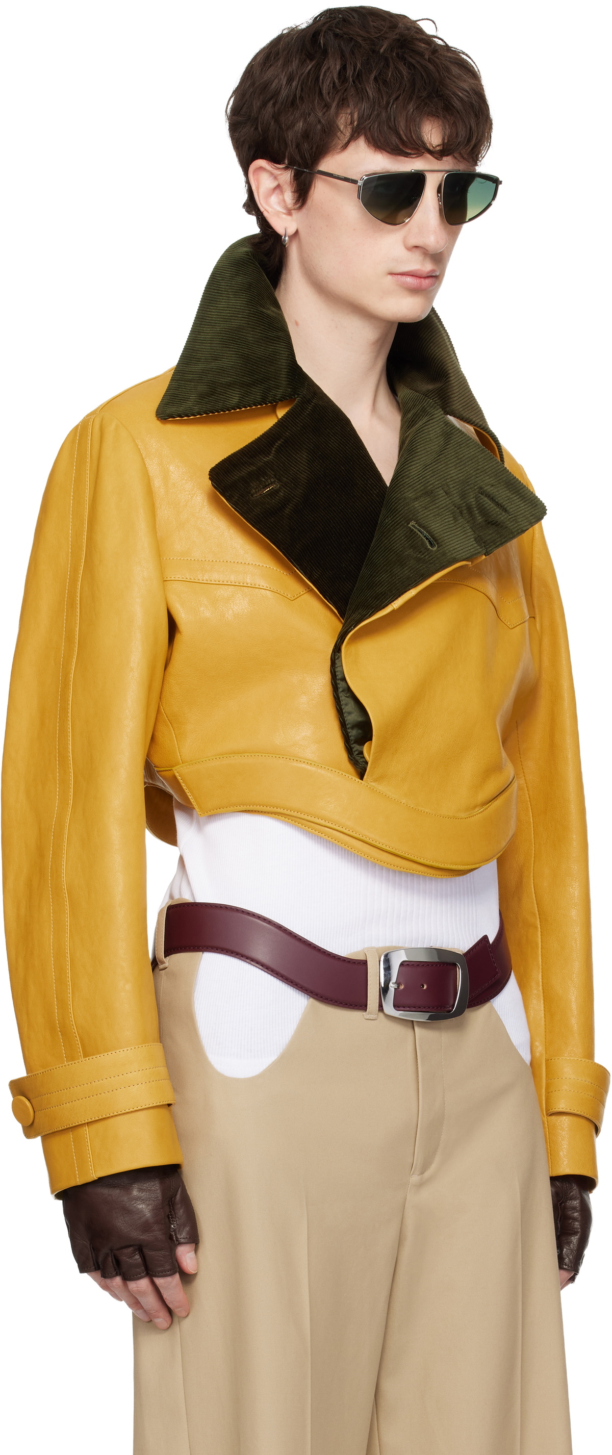 Jean Paul Gaultier Yellow Curved Waistband Leather Jacket