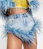 Area High-rise feather-trimmed denim shorts