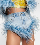 Area High-rise feather-trimmed denim shorts