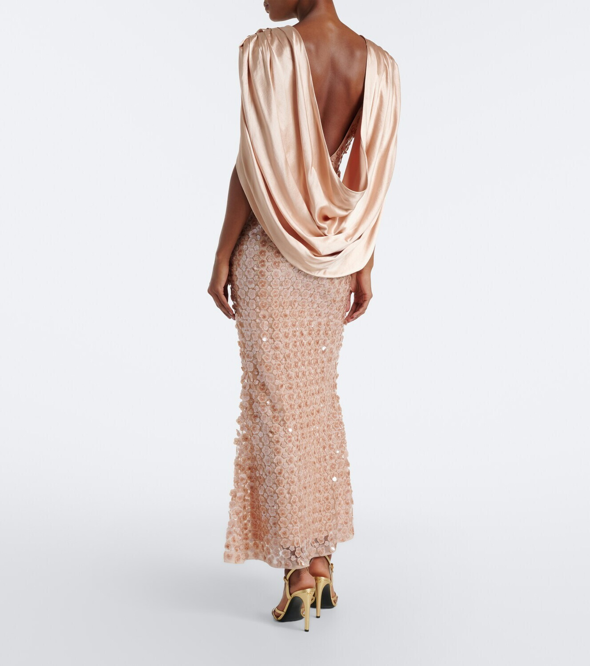 Là Fuori Caped sequined silk satin gown
