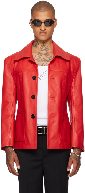 Photo: LU'U DAN Red Slim-Fit Creep Leather Jacket