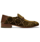 Gucci - Horsebit Collapsible-Heel Leather-Trimmed Embroidered Velvet Loafers - Men - Army green