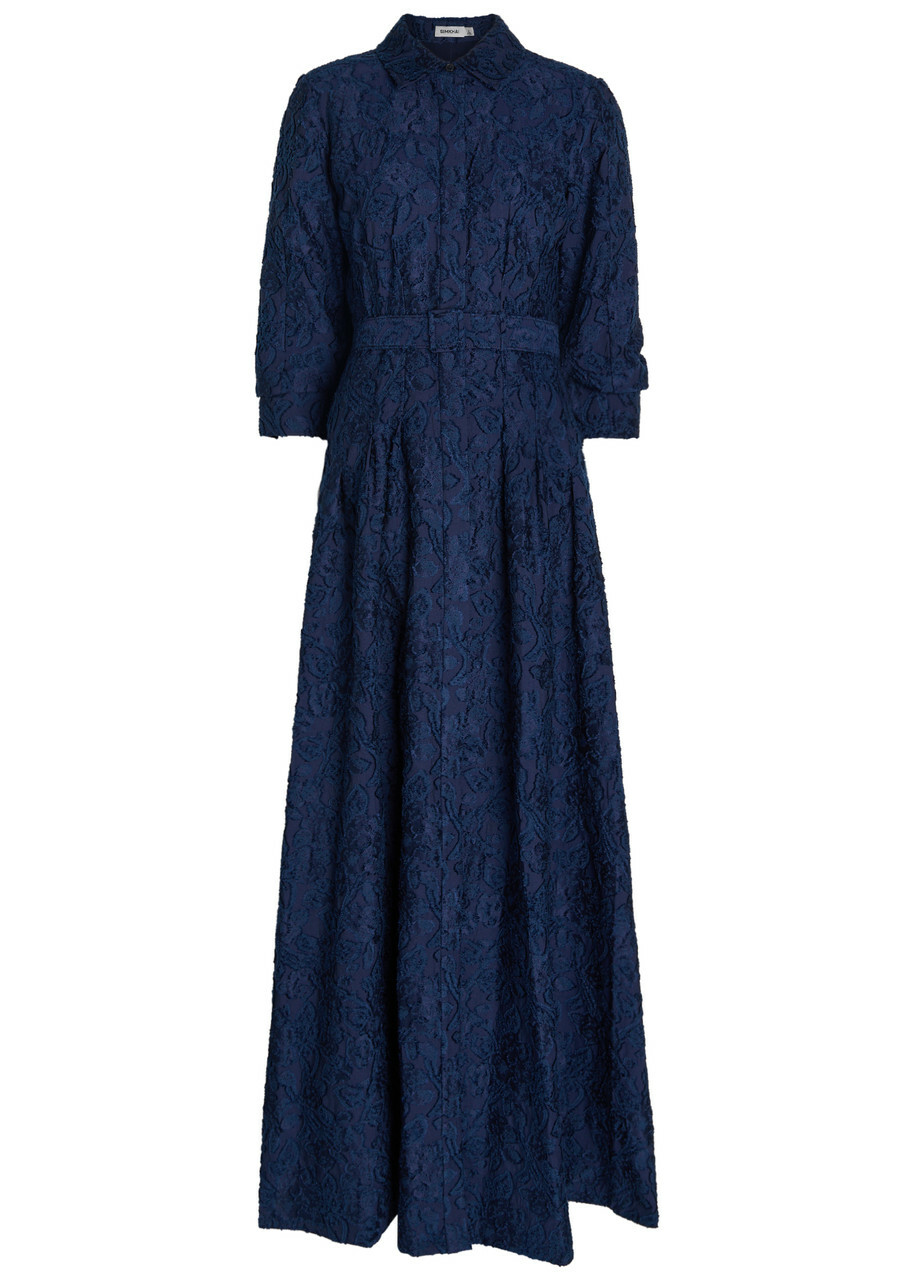 Simkhai Courtney Floral-jacquard Belted Cotton-blend Gown Navy
