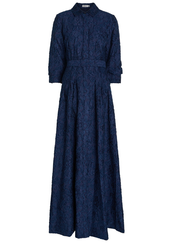 Photo: Simkhai Courtney Floral-jacquard Belted Cotton-blend Gown Navy