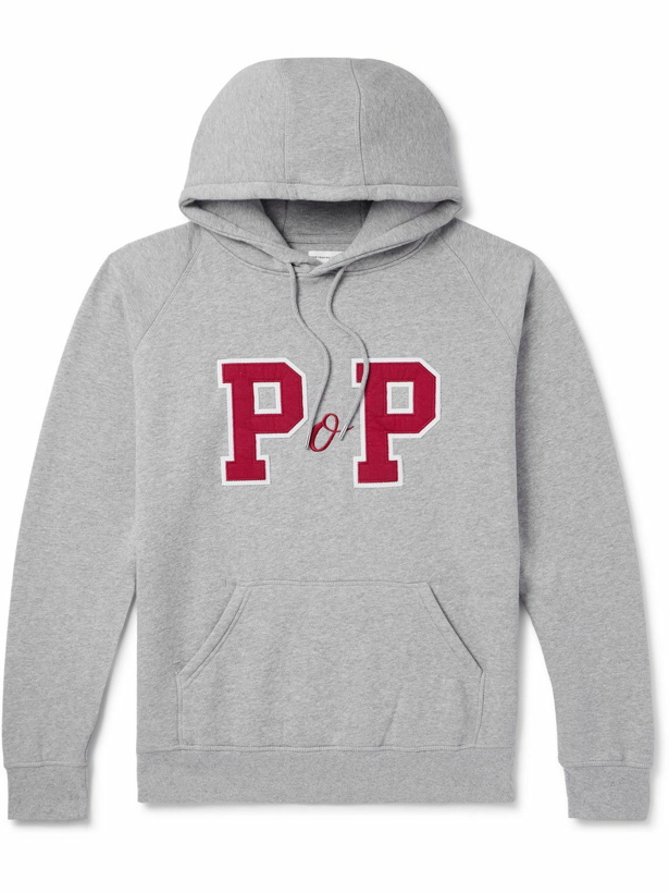 Photo: Pop Trading Company - College P Appliquéd Embroidered Cotton-Jersey Hoodie - Gray