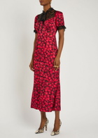 Never Fully Dressed Lyla Cherry-print Lace and Satin Midi Dress Black Red