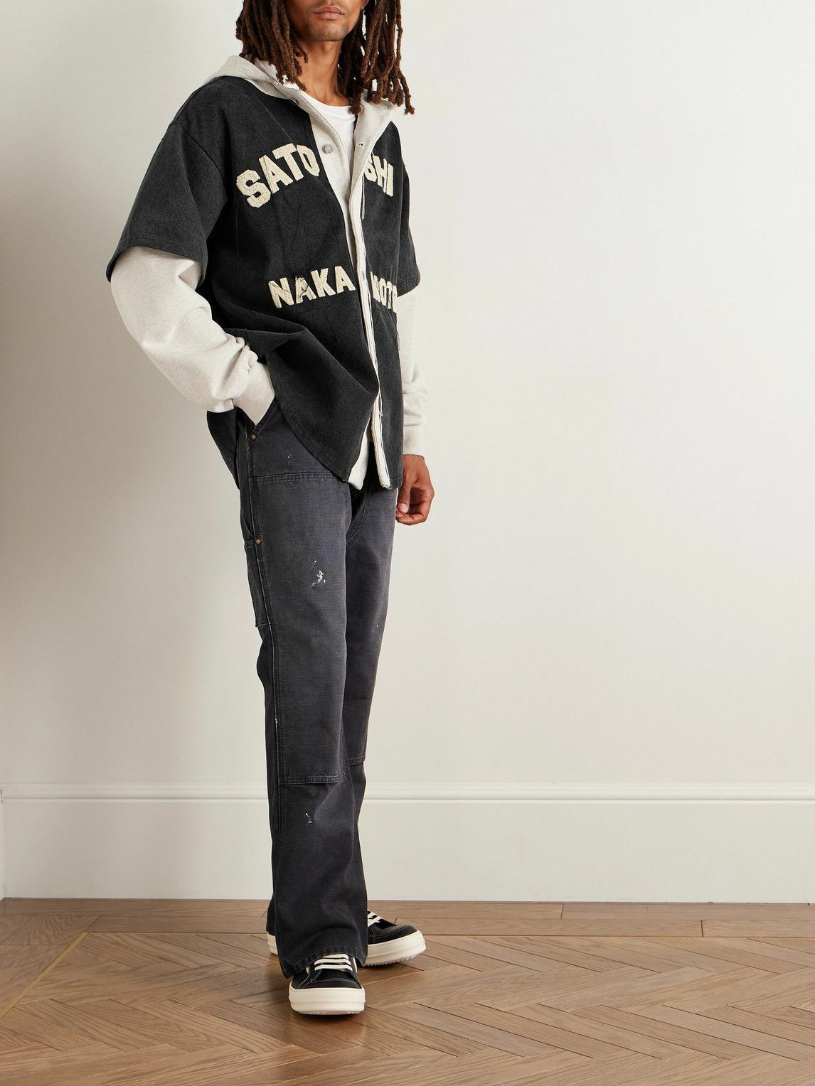 Satoshi Nakamoto - Distressed Cotton Jersey-Trimmed Denim Hooded Jacket - Black