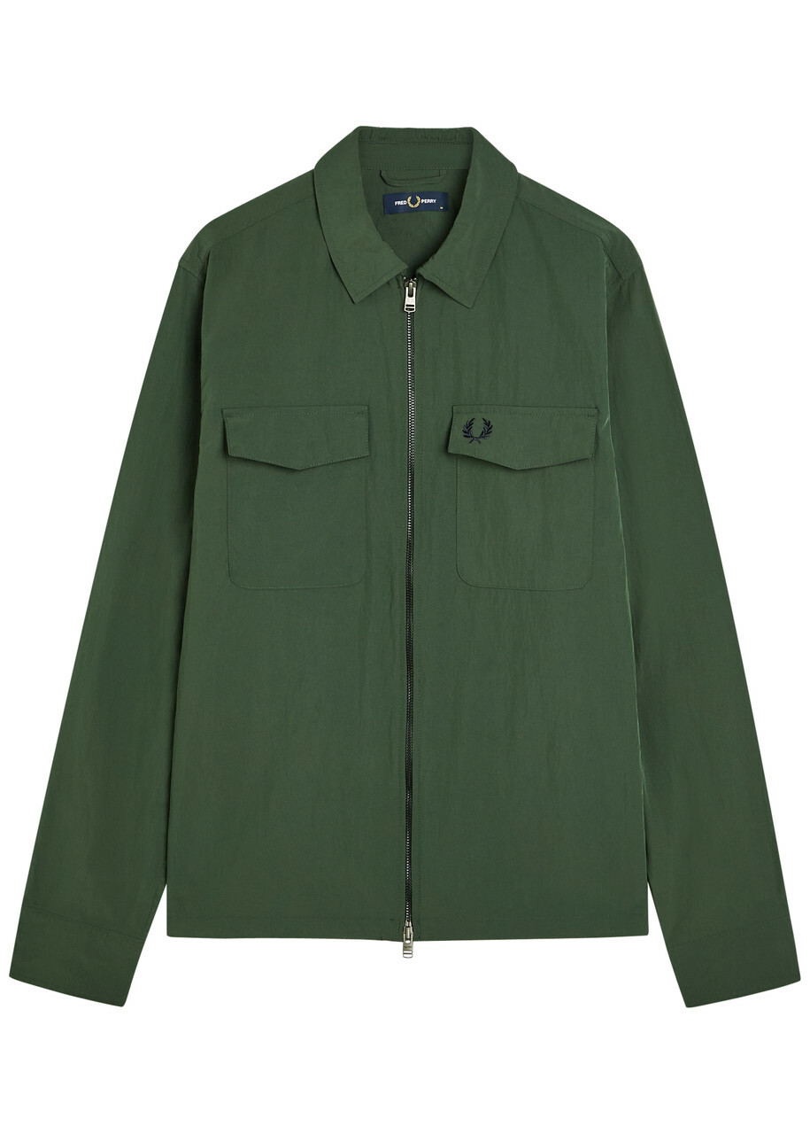 Fred Perry Logo-embroidered Crinkled Shell Overshirt Dark Green