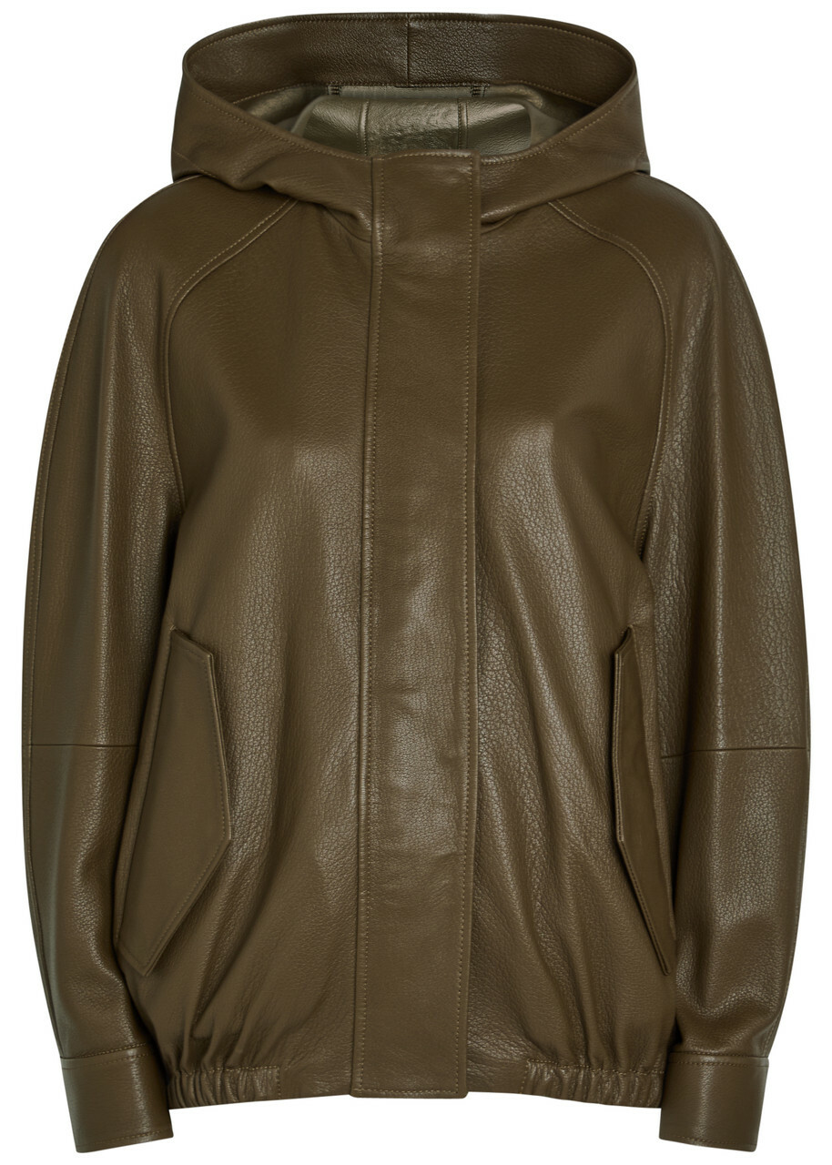 Nour Hammour Hooded Grained Leather Jacket Dark Green
