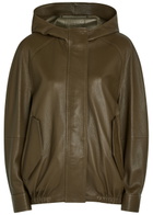 Nour Hammour Hooded Grained Leather Jacket Dark Green