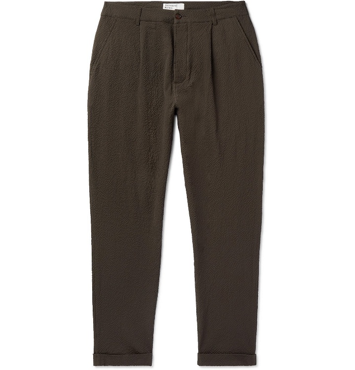 Photo: Universal Works - Tapered Pleated Cotton-Blend Seersucker Trousers - Brown