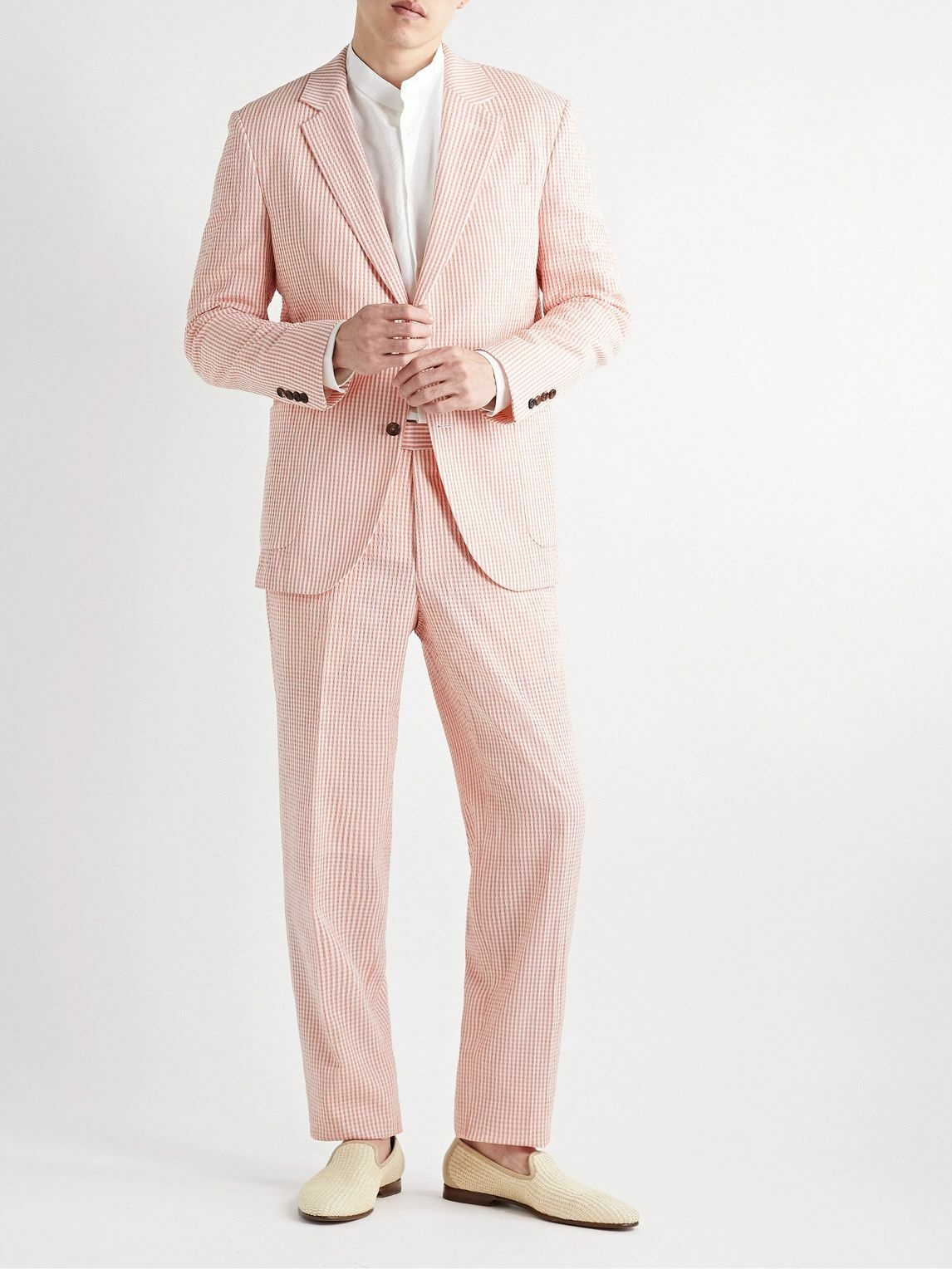 Richard James - Spirit Slim-Fit Unstructured Striped Stretch-Wool and  Cotton-Blend Seersucker Suit Jacket - Pink Richard James