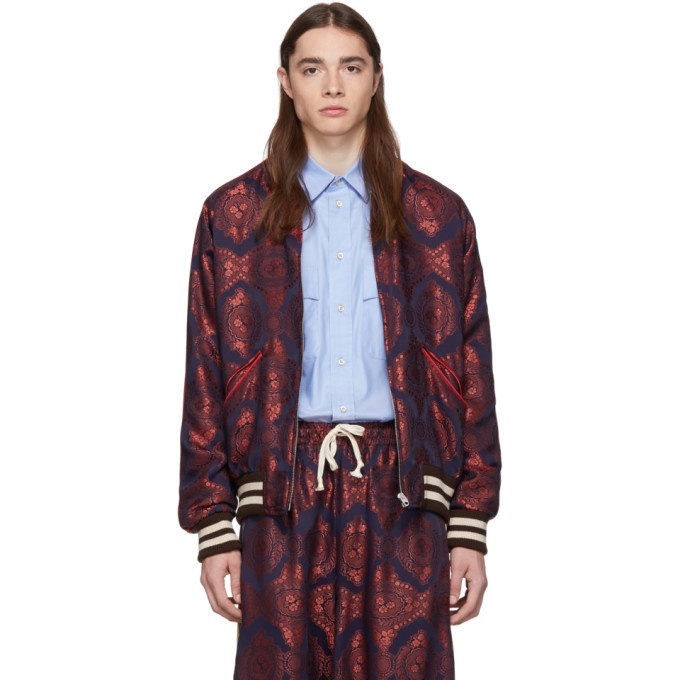 Photo: Gucci Red and Navy Baroque Jacquard Bomber Jacket