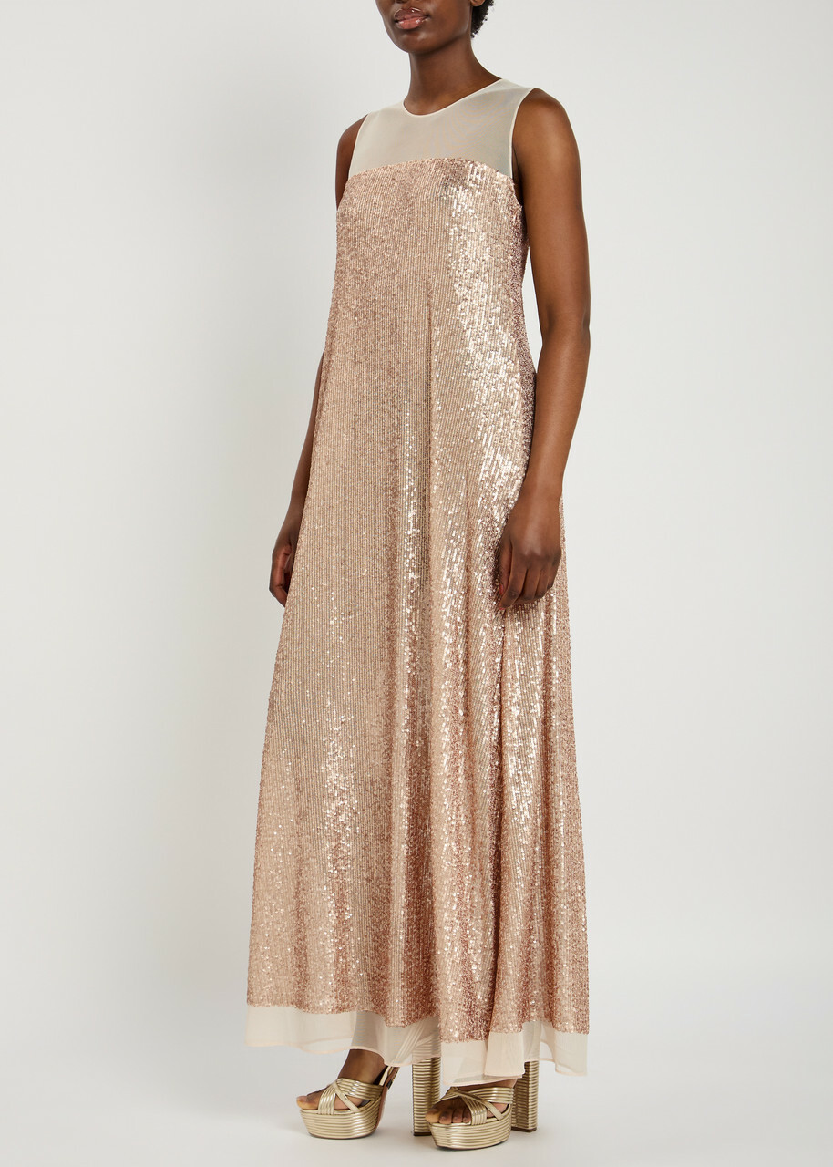 Norma Kamali Sequin-embellished Mesh Maxi Dress Beige