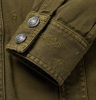 Balmain - Slim-Fit Grandad-Collar Distressed Denim Shirt Jacket - Men - Army green