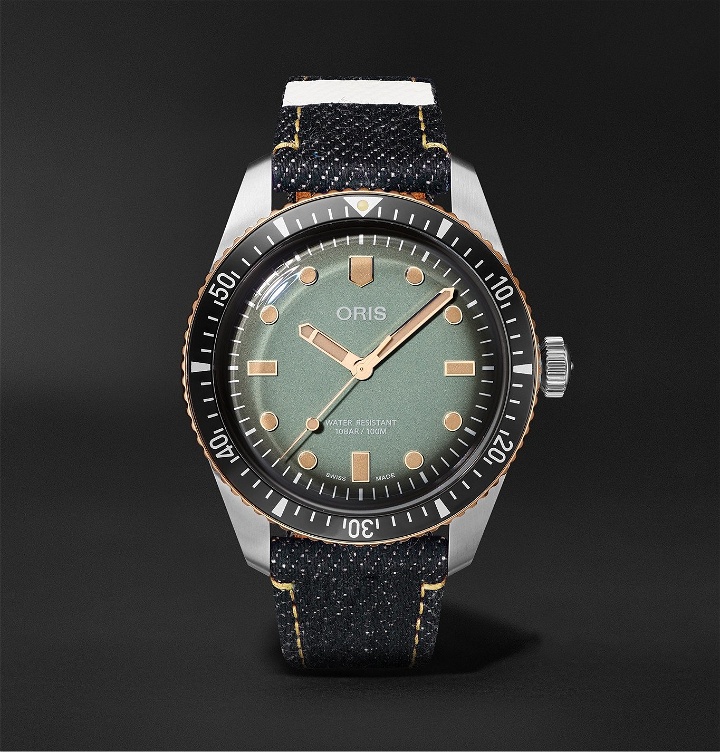 Photo: Oris - Momotaro Divers Sixty-Five Limited Edition Automatic 40mm Stainless Steel and Denim Watch, Ref. No. 733 7707 4337 - Green