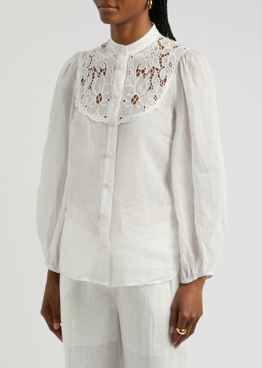 Zimmermann Golden Embroidered Ramie Blouse Ivory