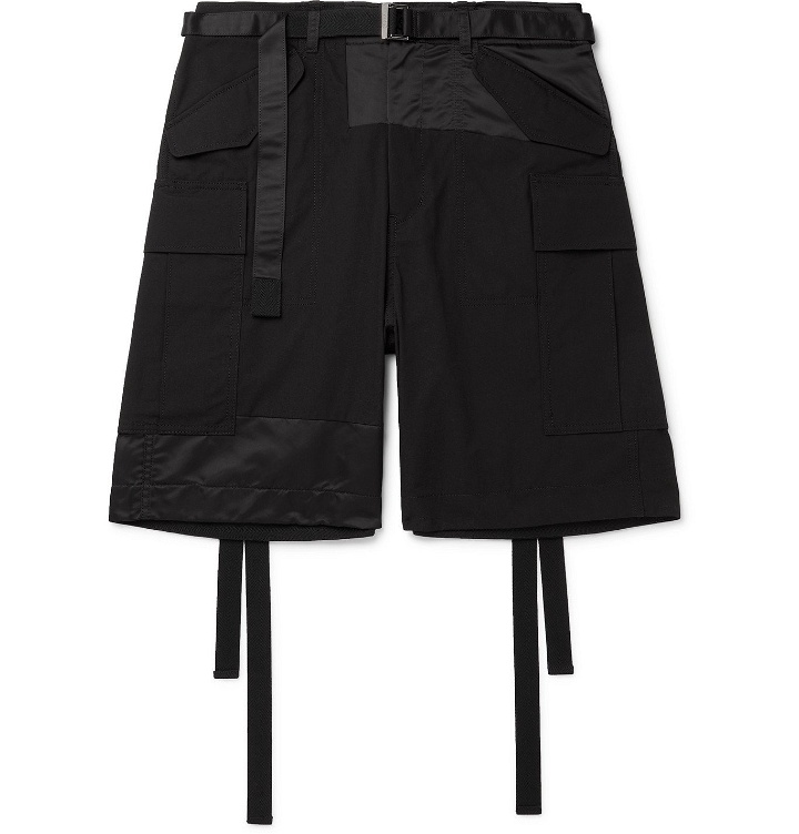 Photo: Sacai - Belted Panelled Cotton-Blend Oxford and Shell Cargo Shorts - Black