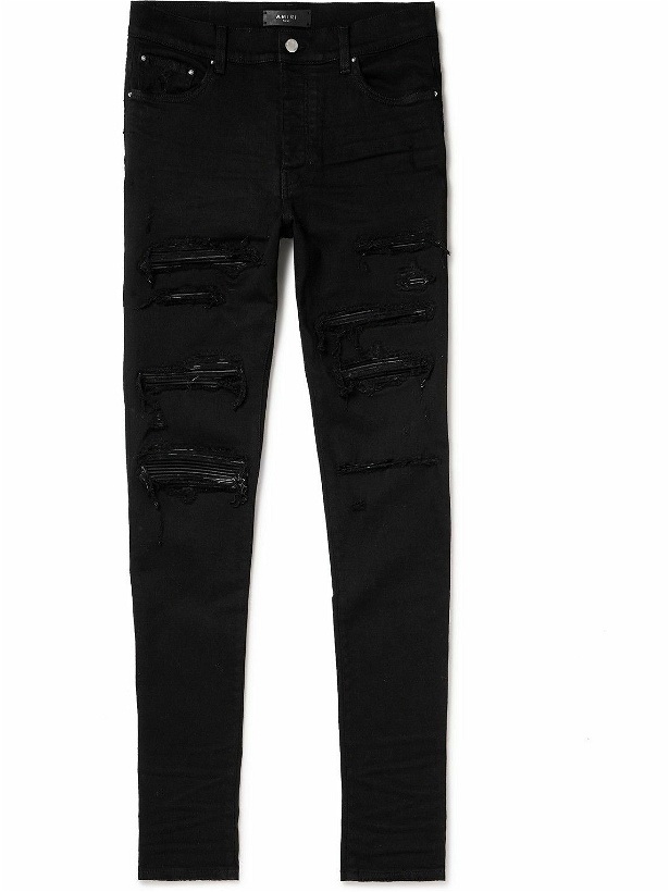 Photo: AMIRI - Thrasher Skinny-Fit Leather-Panelled Distressed Jeans - Black
