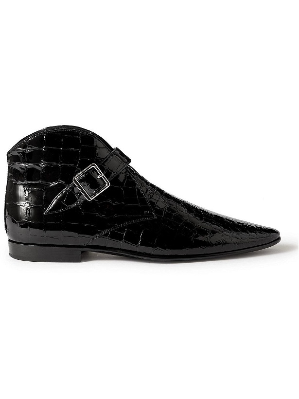 Photo: SAINT LAURENT - Dixon Croc-Effect Patent-Leather Boots - Black