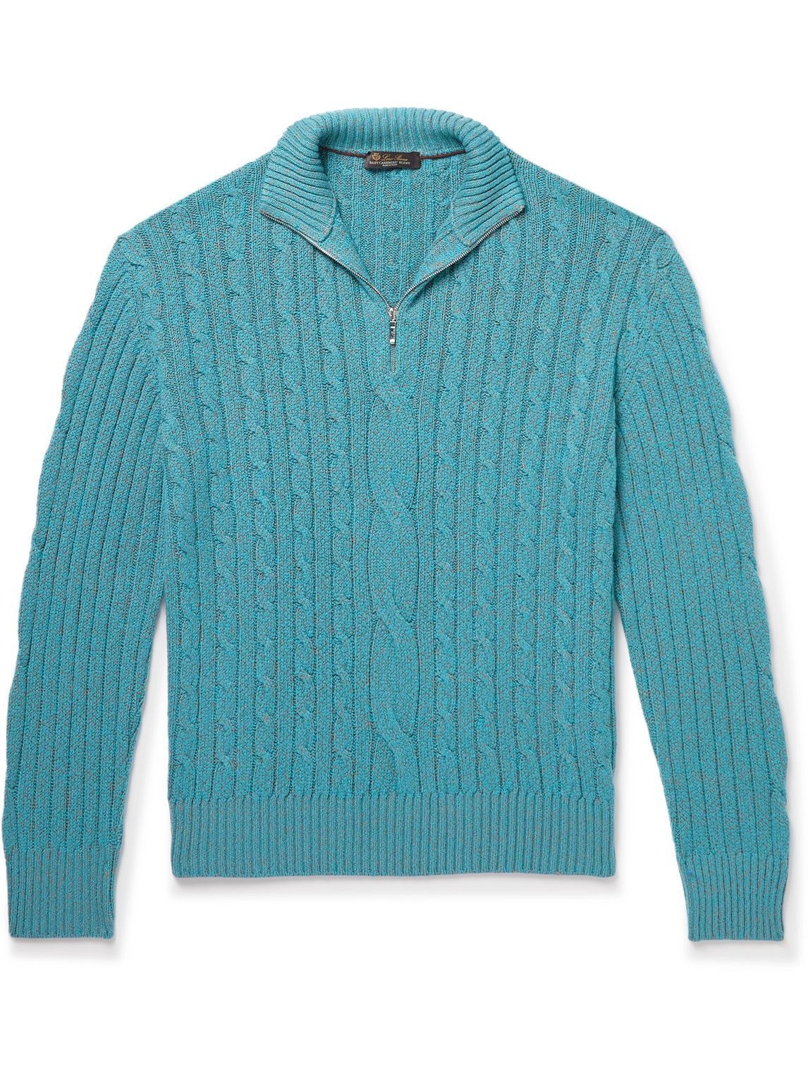 Photo: Loro Piana - Cable-Knit Baby Cashmere and Linen-Blend Half-Zip Sweater - Blue