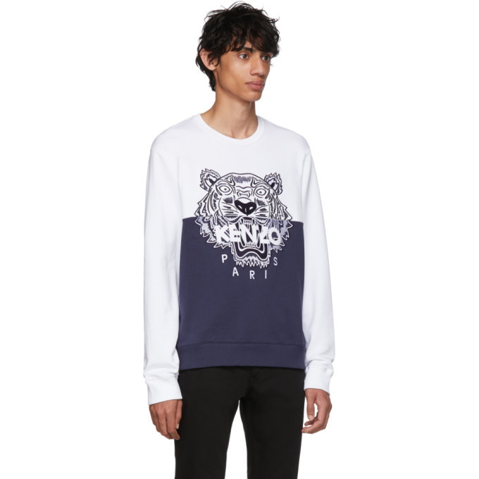 Kenzo Navy & White Colorblock Tiger Print Cotton Crew Neck T-Shirt