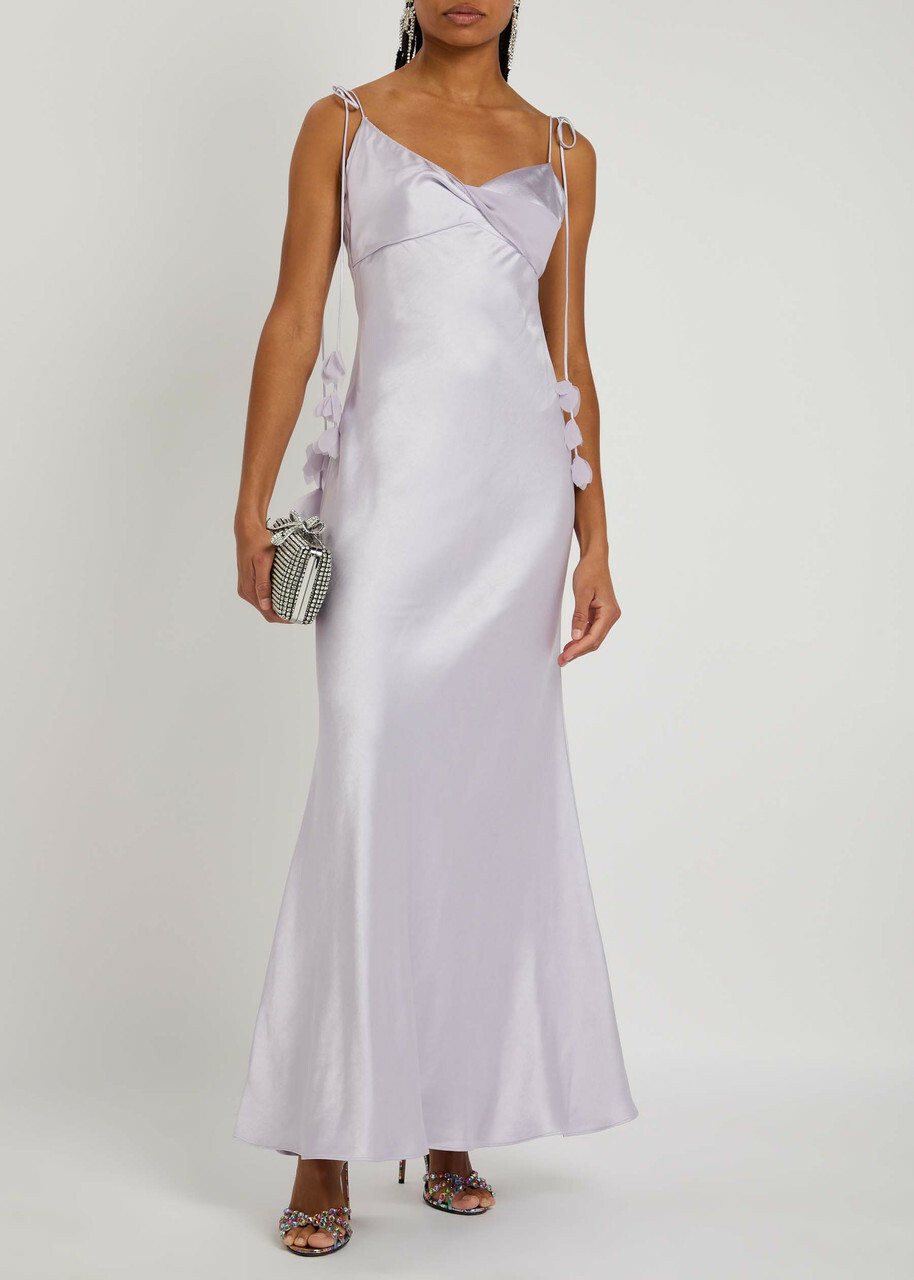 Self-portrait Floral-embellished Satin Maxi Slip Dress Lilac