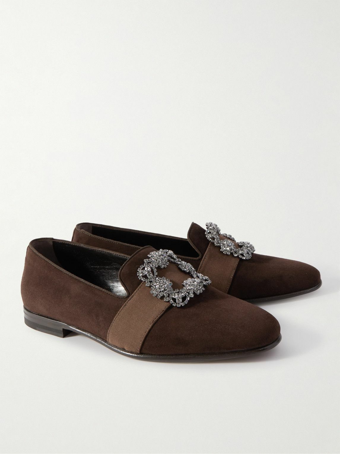 Manolo Blahnik Brown Loafers with Crystal Embellishments Manolo Blahnik - Carlton Embellished Grosgrain-Trimmed Suede  main image 3