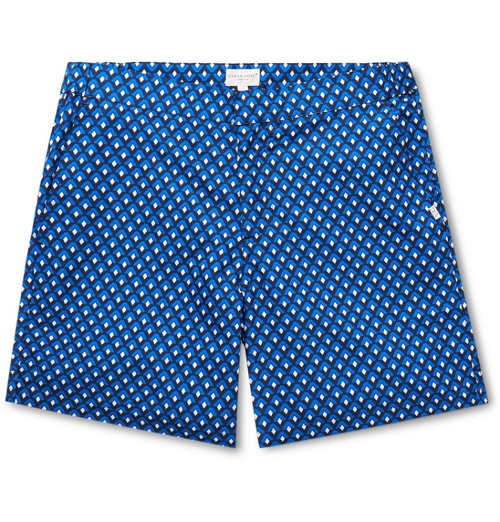 Photo: Derek Rose - Tropez Mid-Length Printed Swim Shorts - Blue