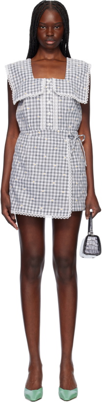 Photo: Anna Sui Black & Gray Daisy Embroidery On Gingham Tie Romper