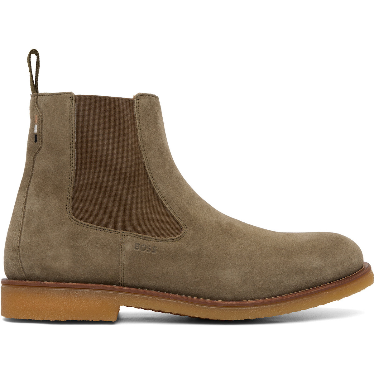 BOSS Khaki Suede Signature-Stripe Stitching Chelsea Boots