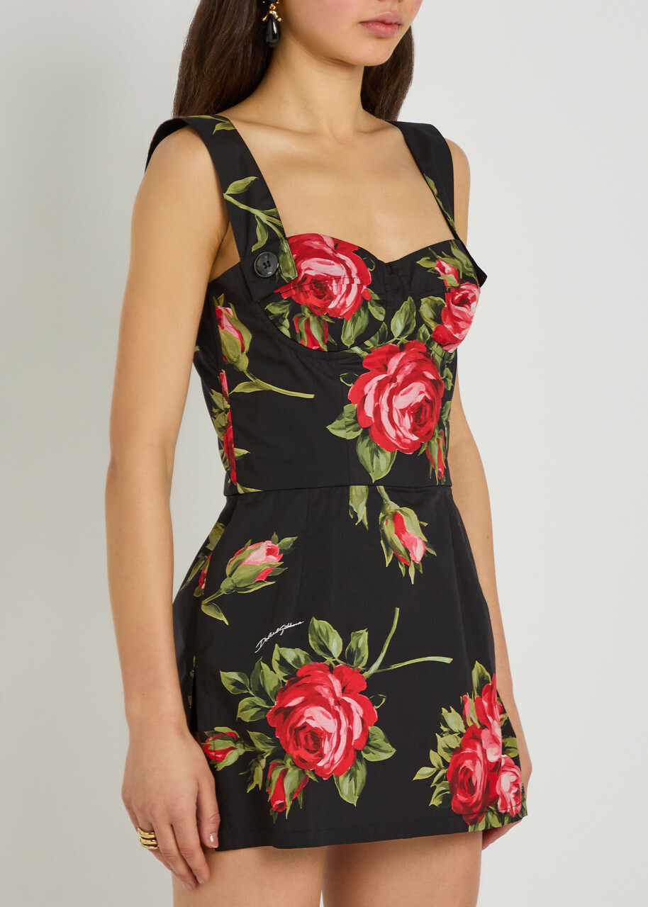 Dolce & Gabbana Floral-print Cotton-poplin Mini Dress Black